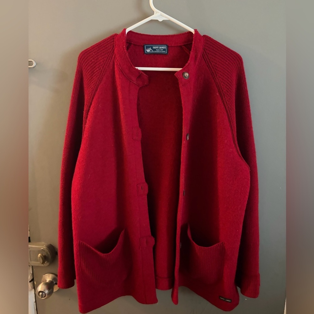 Saint James Red Cardigan virgin wool Sweater old money quiet luxury France